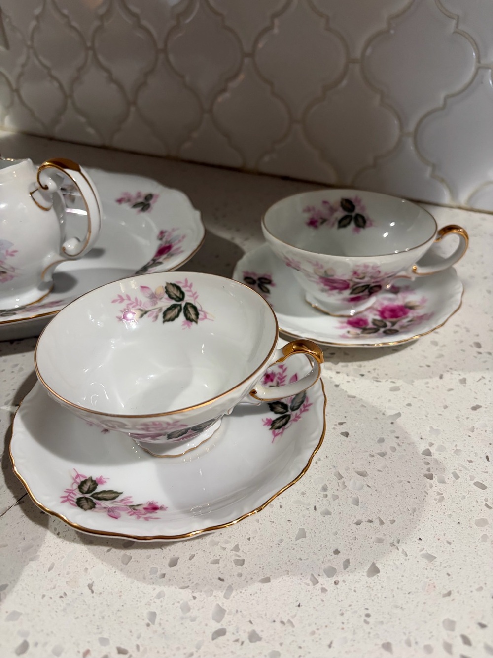 Cream Porcelain Creamer & Sugar Bowl Set with Pink Rose Motif - Picture 5 of 6